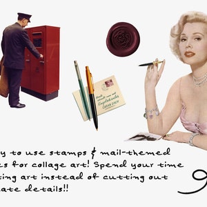 May include: A collection of vintage mail-themed images, including a red mailbox, a woman holding a pen, and a stack of envelopes with pens. The text "Ready to use stamps & mail-themed images for collage art! Spend your time creating art instead of cutting out intricate details!!" is written below the images.