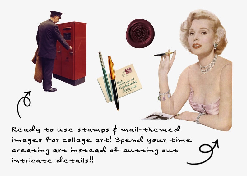 May include: A collection of vintage mail-themed images, including a red mailbox, a woman holding a pen, and a stack of envelopes with pens. The text "Ready to use stamps & mail-themed images for collage art! Spend your time creating art instead of cutting out intricate details!!" is written below the images.
