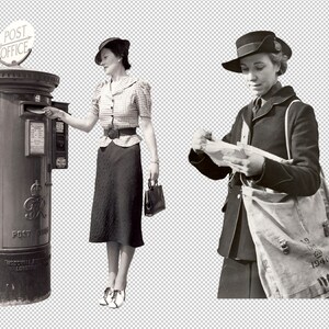 May include: Two women in vintage clothing, one is dropping a letter into a red post box with a sign that reads "Post Office", the other is holding a letter and a mail bag that reads "Post Office 1940"