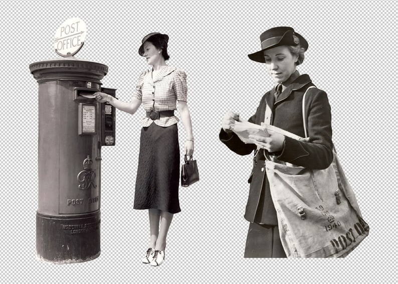 May include: Two women in vintage clothing, one is dropping a letter into a red post box with a sign that reads "Post Office", the other is holding a letter and a mail bag that reads "Post Office 1940"