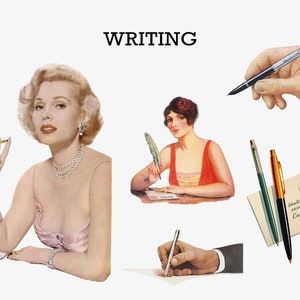 May include: A collage of images depicting writing. A woman in a pink dress holds a pen, a woman in a red dress writes with a quill pen, a hand holds a pen, and a hand writes with a pen on a piece of paper. The text "WRITING" is at the top of the image.