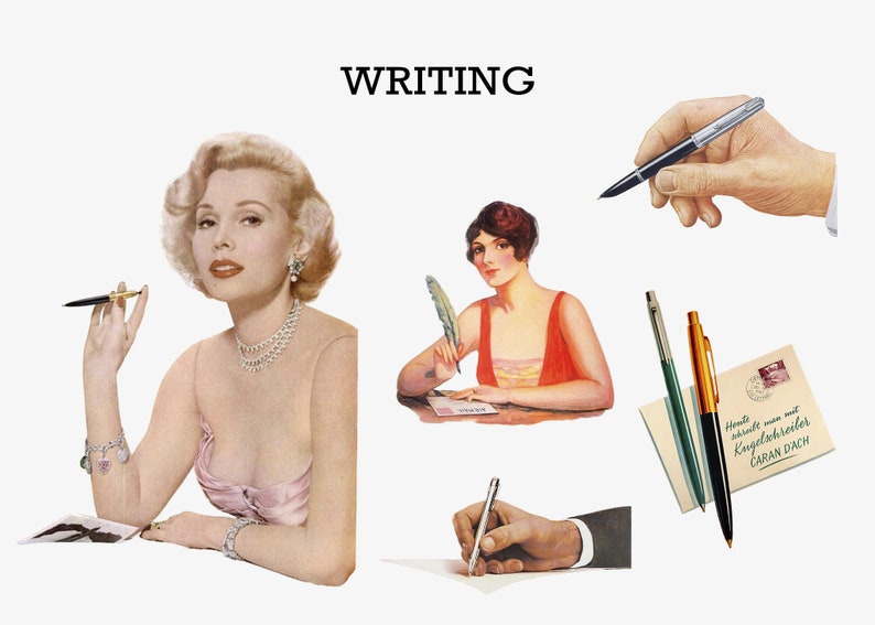May include: A collage of images depicting writing. A woman in a pink dress holds a pen, a woman in a red dress writes with a quill pen, a hand holds a pen, and a hand writes with a pen on a piece of paper. The text "WRITING" is at the top of the image.