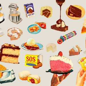 May include: A collage of vintage food and kitchen items, including cake mixes, waffle makers, pies, cakes, and a bowl of fruit salad. The image features a variety of colors and textures, including red, white, blue, yellow, and brown.