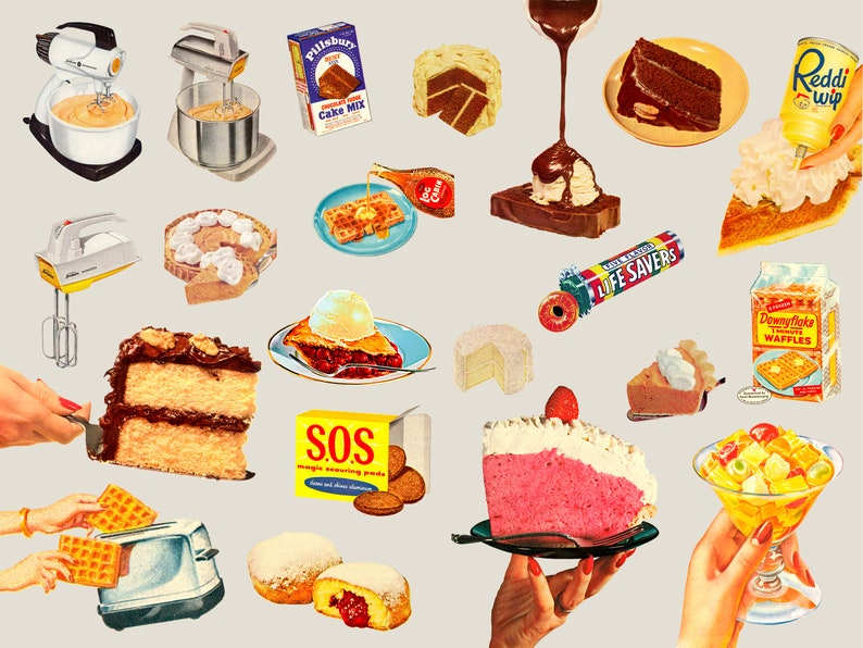 May include: A collage of vintage food and kitchen items, including cake mixes, waffle makers, pies, cakes, and a bowl of fruit salad. The image features a variety of colors and textures, including red, white, blue, yellow, and brown.