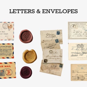 May include: A collection of vintage envelopes and postcards with stamps, some with wax seals. The envelopes are cream colored with handwritten text and blue stamps. The postcards are cream colored with printed text and stamps. The wax seals are red, gold, and purple.