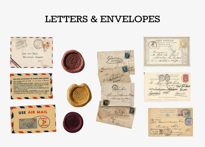 May include: A collection of vintage envelopes and postcards with stamps, some with wax seals. The envelopes are cream colored with handwritten text and blue stamps. The postcards are cream colored with printed text and stamps. The wax seals are red, gold, and purple.