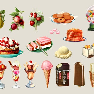 May include: A vintage illustration of various desserts and sweets, including a strawberry cake, a stack of pancakes, a chocolate ice cream sundae, a strawberry ice cream cone, a chocolate ice cream bar, a vanilla ice cream cone, a strawberry shortcake, a pink and white layered cake, a pear, a bowl of candy, a plate of cookies, and two toasters.