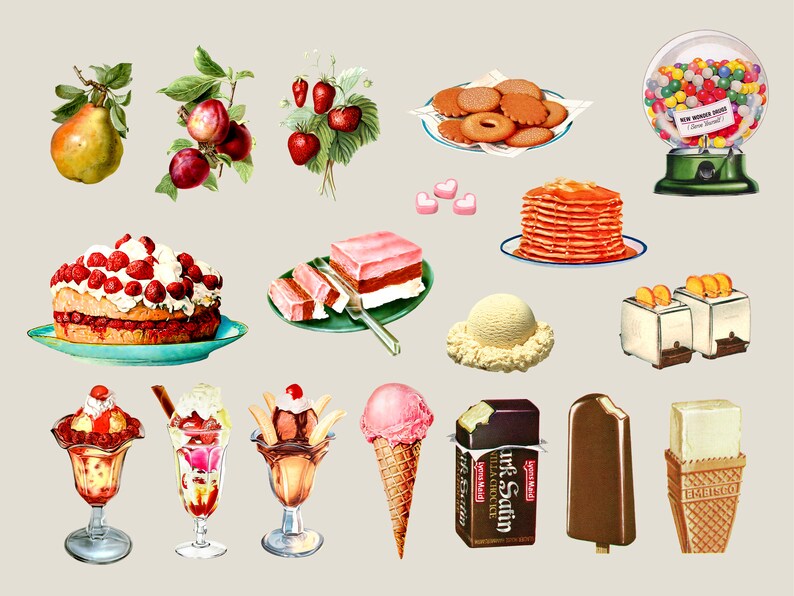 May include: A vintage illustration of various desserts and sweets, including a strawberry cake, a stack of pancakes, a chocolate ice cream sundae, a strawberry ice cream cone, a chocolate ice cream bar, a vanilla ice cream cone, a strawberry shortcake, a pink and white layered cake, a pear, a bowl of candy, a plate of cookies, and two toasters.