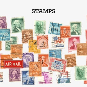 May include: A collection of vintage United States postage stamps featuring various designs, including portraits, flags, and illustrations. The stamps are in different colors and denominations, including 1 cent, 4 cents, 6 cents, 10 cents, and 30 cents. The word "STAMPS" is printed at the top of the image.