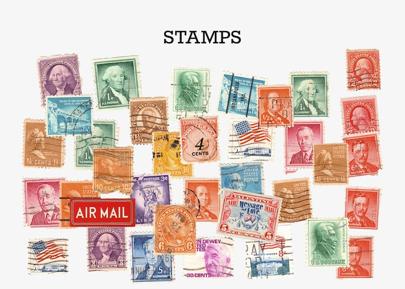 May include: A collection of vintage United States postage stamps featuring various designs, including portraits, flags, and illustrations. The stamps are in different colors and denominations, including 1 cent, 4 cents, 6 cents, 10 cents, and 30 cents. The word "STAMPS" is printed at the top of the image.