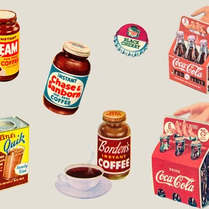 May include: A vintage advertisement featuring various coffee and beverage products, including instant coffee, creamer, chocolate milk mix, and Coca-Cola. The image includes product packaging, a cup of coffee, and a cherry-flavored soda cap.