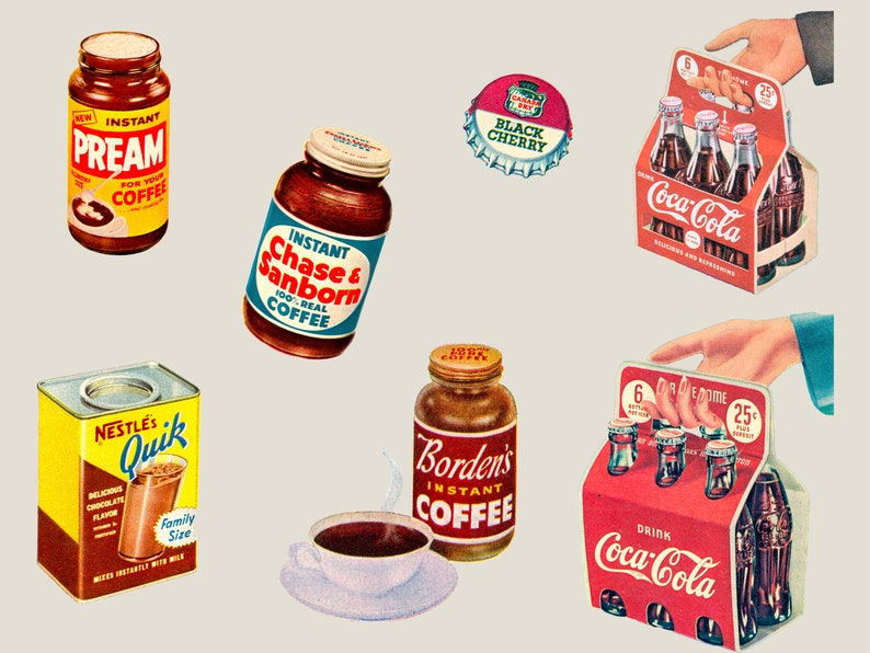 May include: A vintage advertisement featuring various coffee and beverage products, including instant coffee, creamer, chocolate milk mix, and Coca-Cola. The image includes product packaging, a cup of coffee, and a cherry-flavored soda cap.