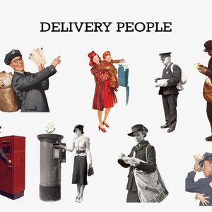 May include: A collage of vintage illustrations depicting people delivering mail. The images show mail carriers, a woman dropping a letter in a mailbox, and a woman receiving a letter. The images are set against a white background with the text "DELIVERY PEOPLE" at the top.
