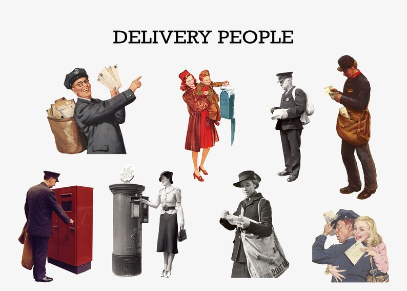May include: A collage of vintage illustrations depicting people delivering mail. The images show mail carriers, a woman dropping a letter in a mailbox, and a woman receiving a letter. The images are set against a white background with the text "DELIVERY PEOPLE" at the top.