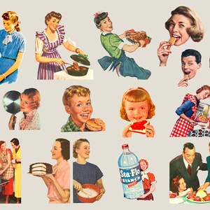 May include: A vintage collage of illustrations depicting people enjoying various food and drink items. The images feature a variety of people, including children, adults, and families. The illustrations are in a retro style, with bright colors and simple lines. The images are set against a light gray background.