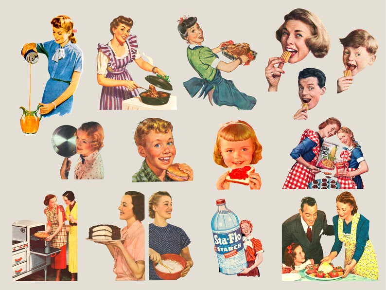May include: A vintage collage of illustrations depicting people enjoying various food and drink items. The images feature a variety of people, including children, adults, and families. The illustrations are in a retro style, with bright colors and simple lines. The images are set against a light gray background.