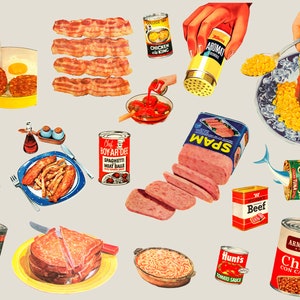 May include: A collage of vintage food product labels and illustrations. The image includes cans of Spam, Chef Boyardee Spaghetti and Meatballs, Hunt's Tomato Sauce, and Armour Chili con Carne. There are also illustrations of bacon, eggs, corn, and a fish.