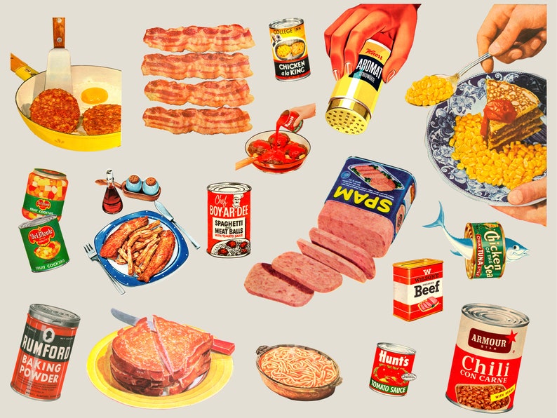 May include: A collage of vintage food product labels and illustrations. The image includes cans of Spam, Chef Boyardee Spaghetti and Meatballs, Hunt's Tomato Sauce, and Armour Chili con Carne. There are also illustrations of bacon, eggs, corn, and a fish.