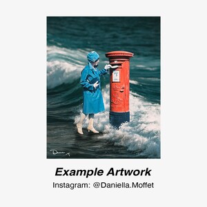 May include: A woman in a blue coat and hat stands in the ocean next to a red post box. The waves are crashing around them.