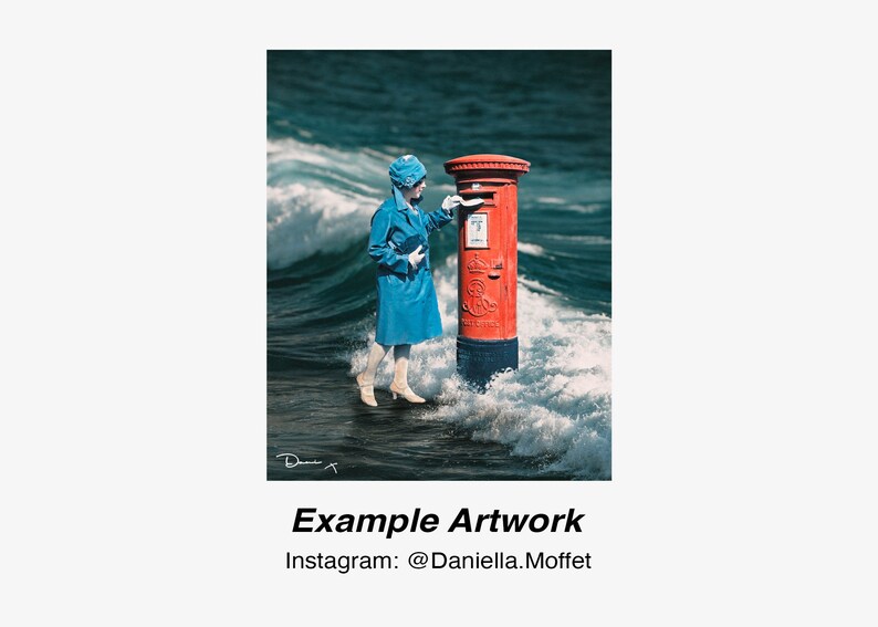 May include: A woman in a blue coat and hat stands in the ocean next to a red post box. The waves are crashing around them.