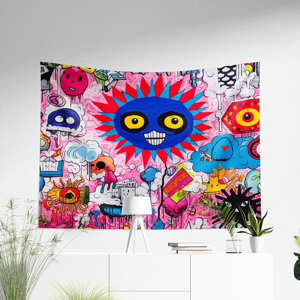 Tapisserie Squelette Punk Rock Emoji - Skull Rock punk Tapestry, Décoration de Chambre ou Maison, Wall Art for Room or Home