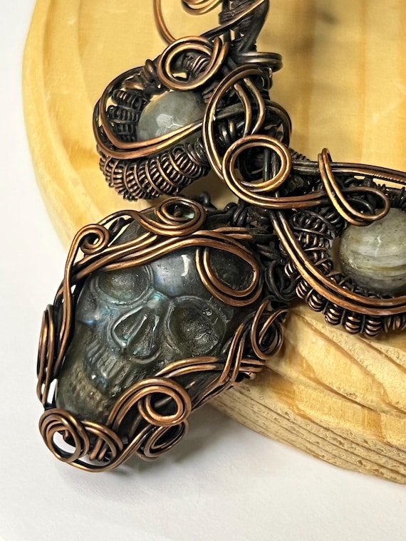 Labradorite Skull Pendant Copper Wire Wrapped