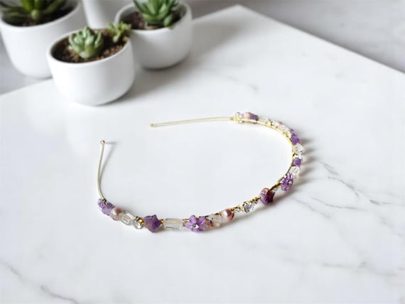 Crystal real quartz and amethyst gold headband