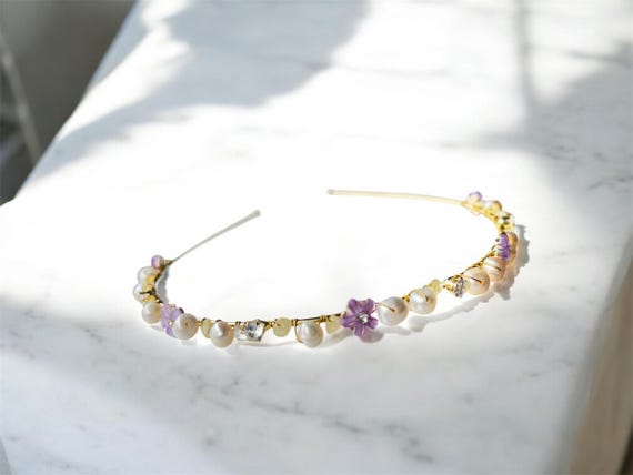Crystal Citrine Pearls gold headband