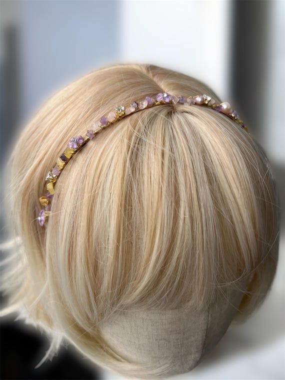 Crystal rose quartz amethyst pearl gold headband