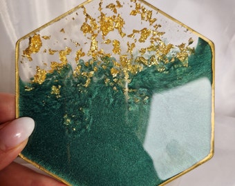 Cup coaster green gold resin art epoxy decoration