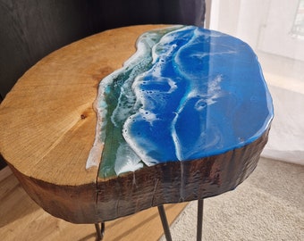 coffee table epoxy, resin art, hardwood, loft, metal legs, ready-made, luxury, elegant, sea, waves, summer, original