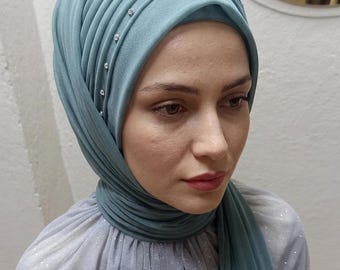 Instant Turban Hijab with Crystals - Ready to Wear Tulle Turban - Wedding Guest Hijab - Cross Front Gathered Headwrap - Elegant Event Hijab