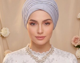 Silver Grey Tulle Turban with Crystals, Elegant Pleated Head Wrap (Ready to Wear)