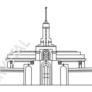 May include: A black and white line drawing of a church building with a tall spire and a statue on top. The building has a symmetrical design with multiple windows and a large central entrance.