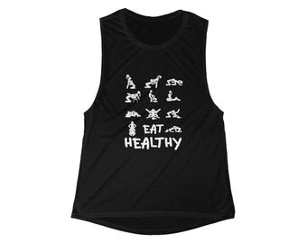 Fitness Workout Tank Top, Eat Healthy Naughty Muscle Tee, Gym Shirt for Women, Flowy Scoop Neck Activewear, Funny Fitness Tank, Yoga Tank