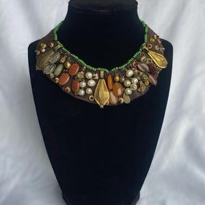 Brass and Mother of Pearl amulet with leaf and agate details real turquoise beads handmade vintage fairy necklace