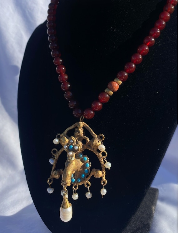 Brass Cesme Ottoman Fountain Necklace with Agate, 
