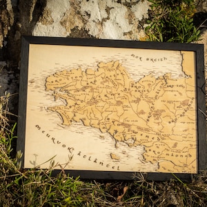 May include: A framed wooden map with a black border, depicting a detailed geographical layout. The map is light brown with engraved lines and text, possibly a historical or fantasy map. The frame rests on a bed of grass and stone.