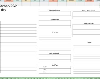 May include: A printable daily planner page with sections for affirmations, goals, to-do list, achievements, tomorrow's plan, notes, and a meal plan. The page is dated January 1, 2024, and labeled "Monday".