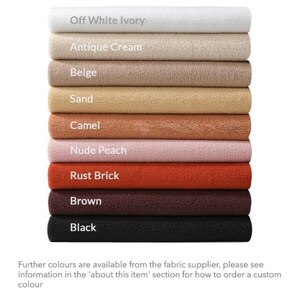 May include: A stack of fabric swatches in various shades of brown, beige, and white. The swatches are labeled with the following colors: Off White Ivory, Antique Cream, Beige, Sand, Camel, Nude Peach, Rust Brick, Brown, and Black. Further colors are available from the fabric supplier, please see information in the 'about this item' section for how to order a custom color.