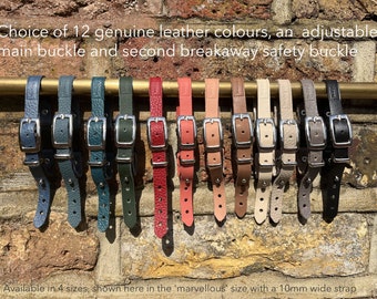Leather cat collars with an adjustable strap front buckle, plus an additional safety breakaway easy release buckle