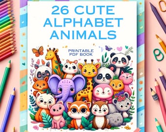 26 Cute Alphabet Animals Coloring book - Grayscale Coloring Pages, Printable PDF Book, Instant Download for Kids