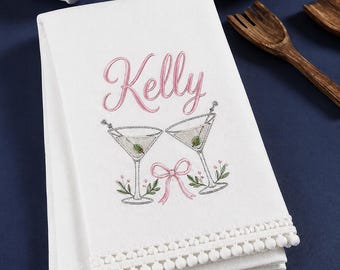 Paño de cocina con ribete de pompones: Bordado/monograma personalizado, Día de la Madre, Regalos para inauguración de casa, Despedidas de soltera