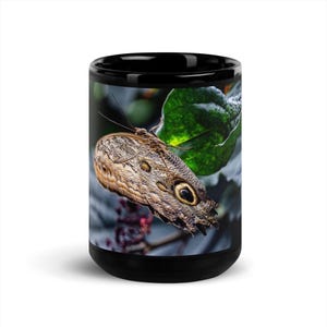 Puede incluir: Taza de café negra con una imagen detallada de una mariposa con alas marrones y beige, posada en una hoja verde. La mariposa tiene un patrón distintivo en forma de ojo en sus alas. La taza es de tamaño estándar.