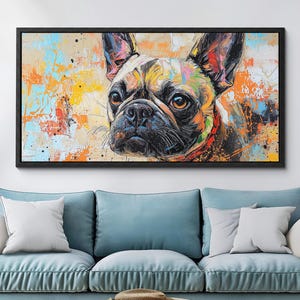 Colorful French Bulldog Dog Canvas Wall Art, Abstract Modern Oil Painting, Pet Art Gift, Framed Canvas Print, Home Decor Living Room Bedroom