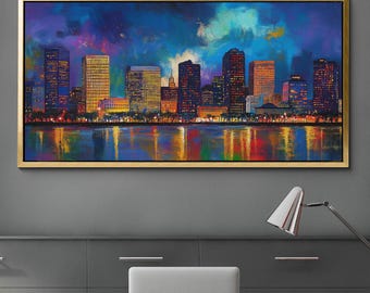 London City Building Skyline Landmark Canvas Wall Art, Abstract Oil Painting Canvas Art Decor, Art Print for Living Room, Bedroom, Office