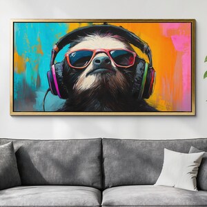 Sloth With Headphones Canvas Wall Art, Abstract Modern Oil Painting, Animal Art Gift, Framed Canvas Print, Home Decor Living Room Bedroom
