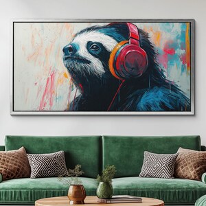 Sloth With Headphones Canvas Wall Art, Abstract Modern Oil Painting, Animal Art Gift, Framed Canvas Print, Home Decor Living Room Bedroom