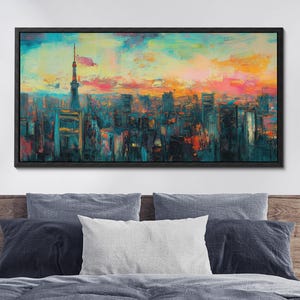 Rainbow Oil City Skyline Framed Canvas Art - Contemporary Urban Wall Decor, Ideal for Home, Office, or Apartment, Cityscape Painting Decor