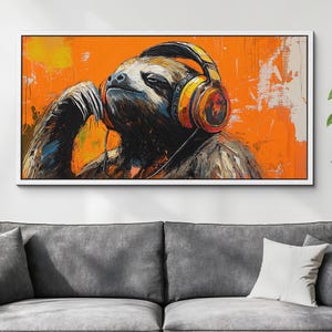 Sloth With Headphones Canvas Wall Art, Abstract Modern Oil Painting, Animal Art Gift, Framed Canvas Print, Home Decor Living Room Bedroom